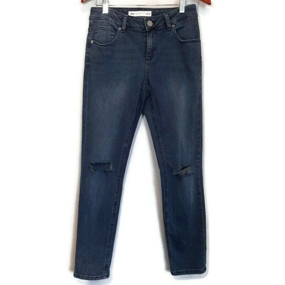 ASOS Skinny Ripped Knee Distressed Denim Jeans Dark Blue Wash